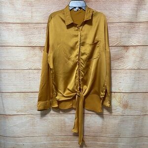 FAVLUX FASHION Women's Gold Long Sleeve‎ Button Down Front Tie Blouse Size Small
